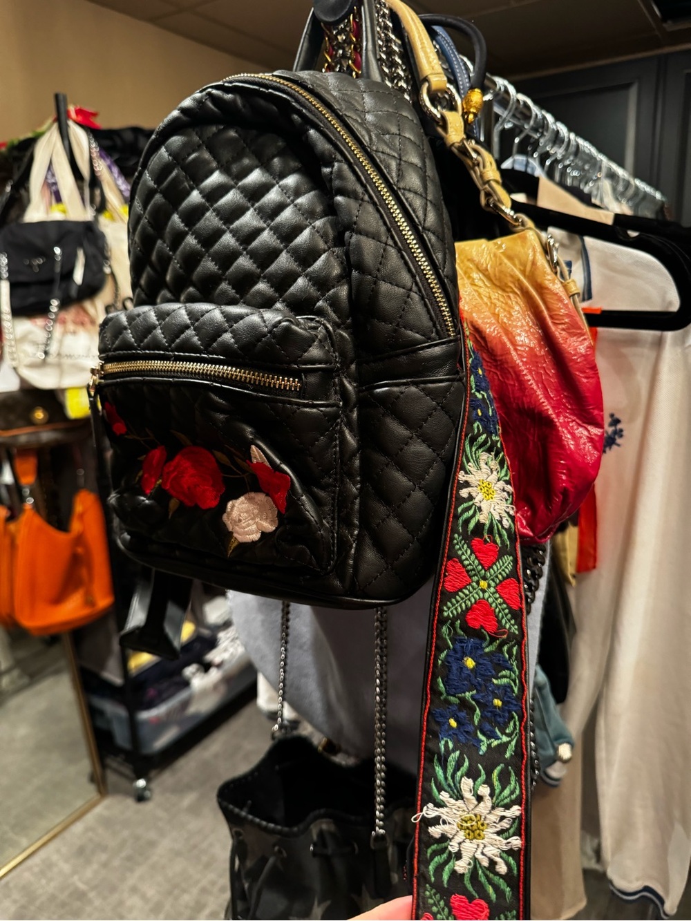 Quilted Black Mini Backpack with Floral Appliqué